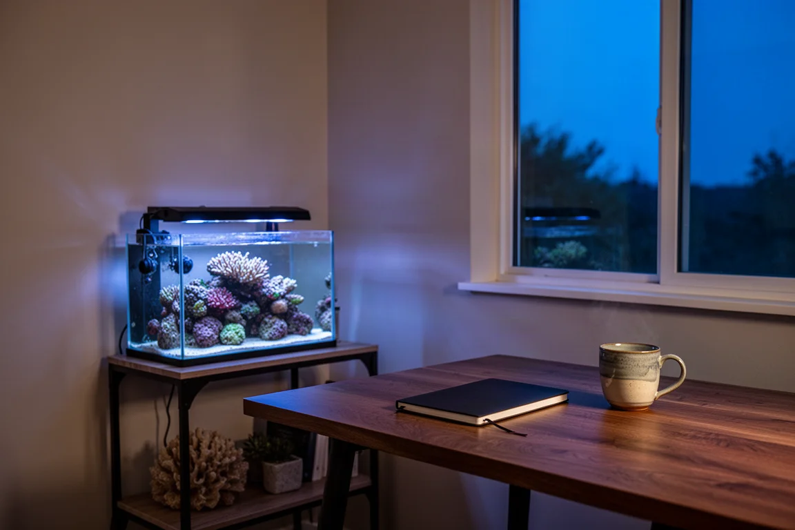 Bureau à domicile la nuit avec un petit aquarium récifal illuminé à proximité