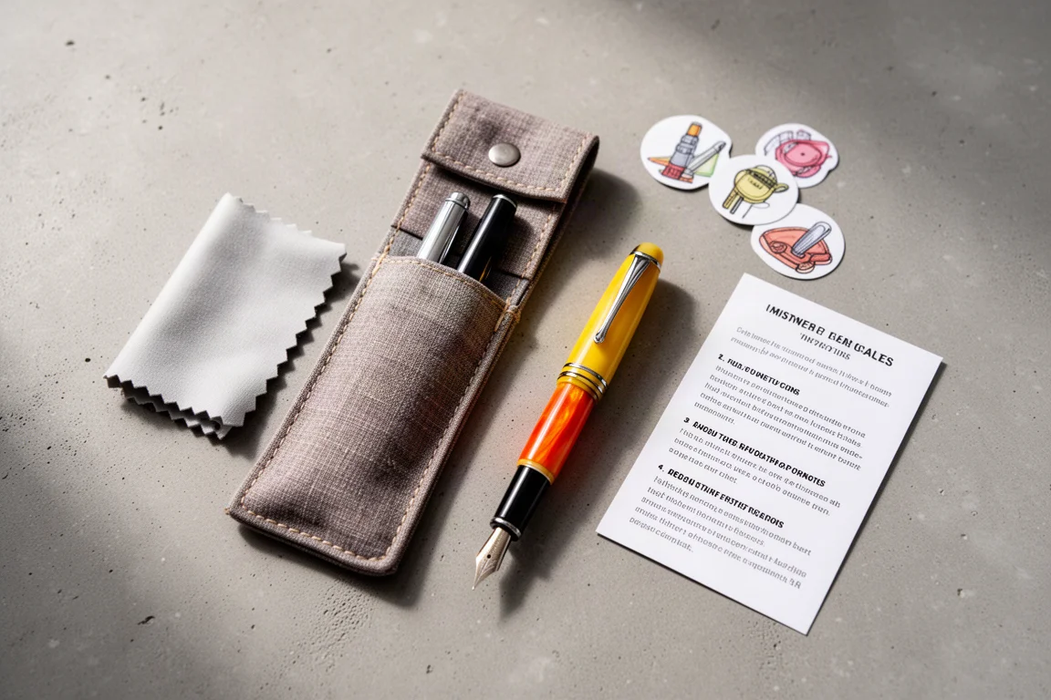 Penhoesje, poedelcdof en accessoires naast een vulpen in vlakke opstelling