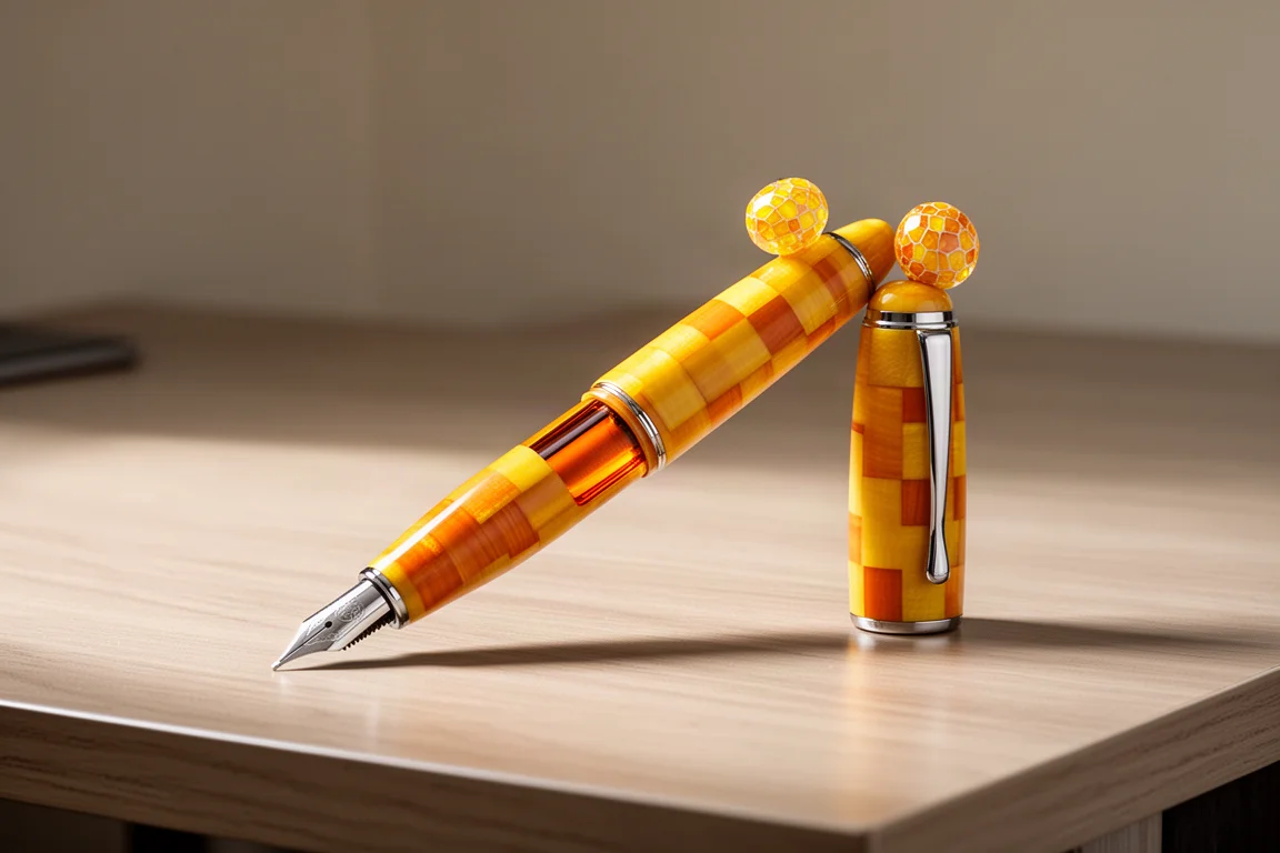 Hello Studio Venice Oversize fountain pen in yellow and orange Micarta on a light wood desk
