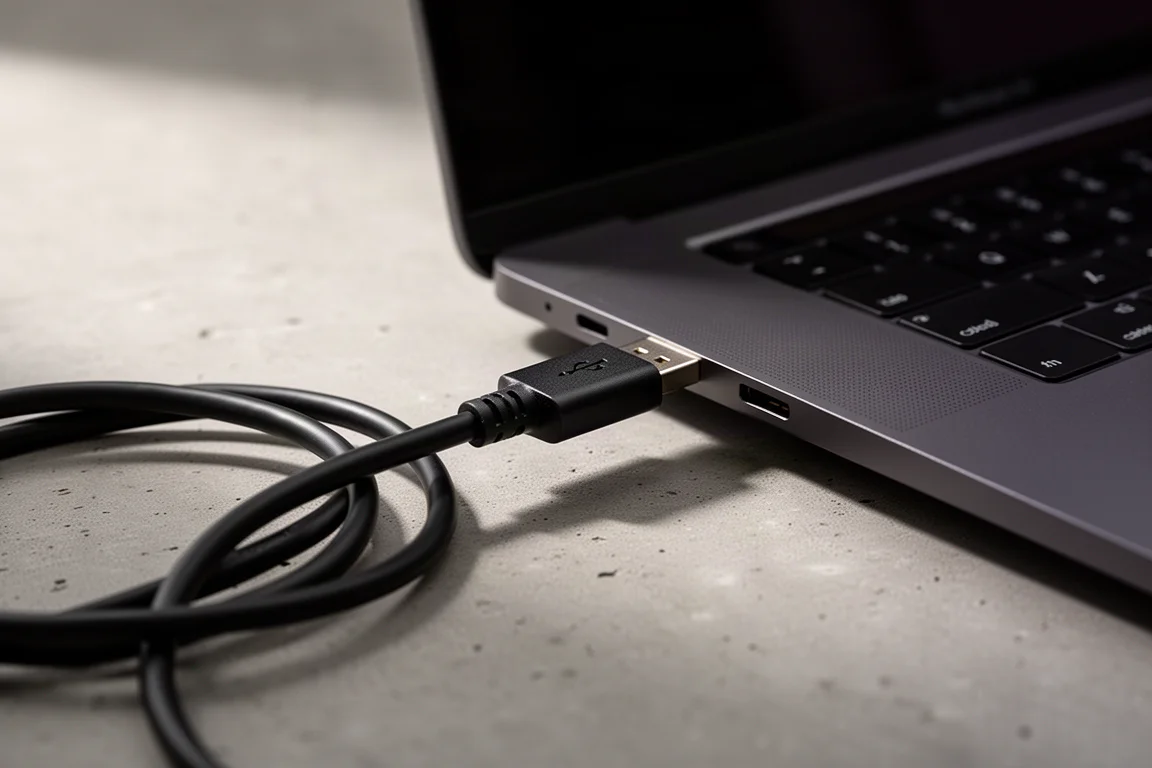 柔和光線下 USB 線插入筆記簿電腦側邊的特寫