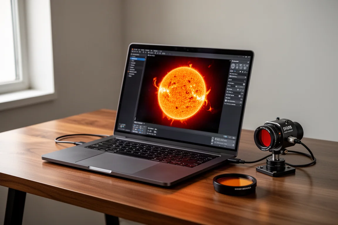 Laptop showing solar imaging interface beside an astronomy guide camera and solar filter
