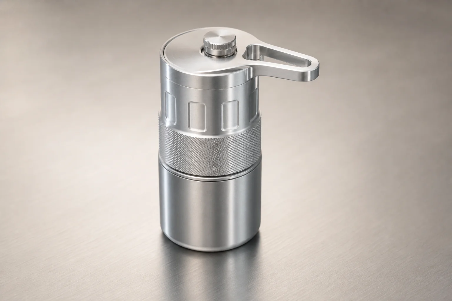 Seven premium hand coffee grinders arranged on concrete surface