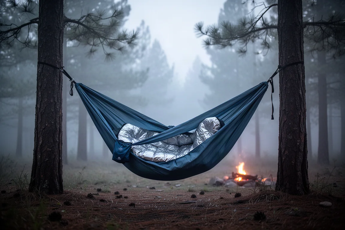 Camping hammock strung between pine trees in a misty forest clearing at dusk