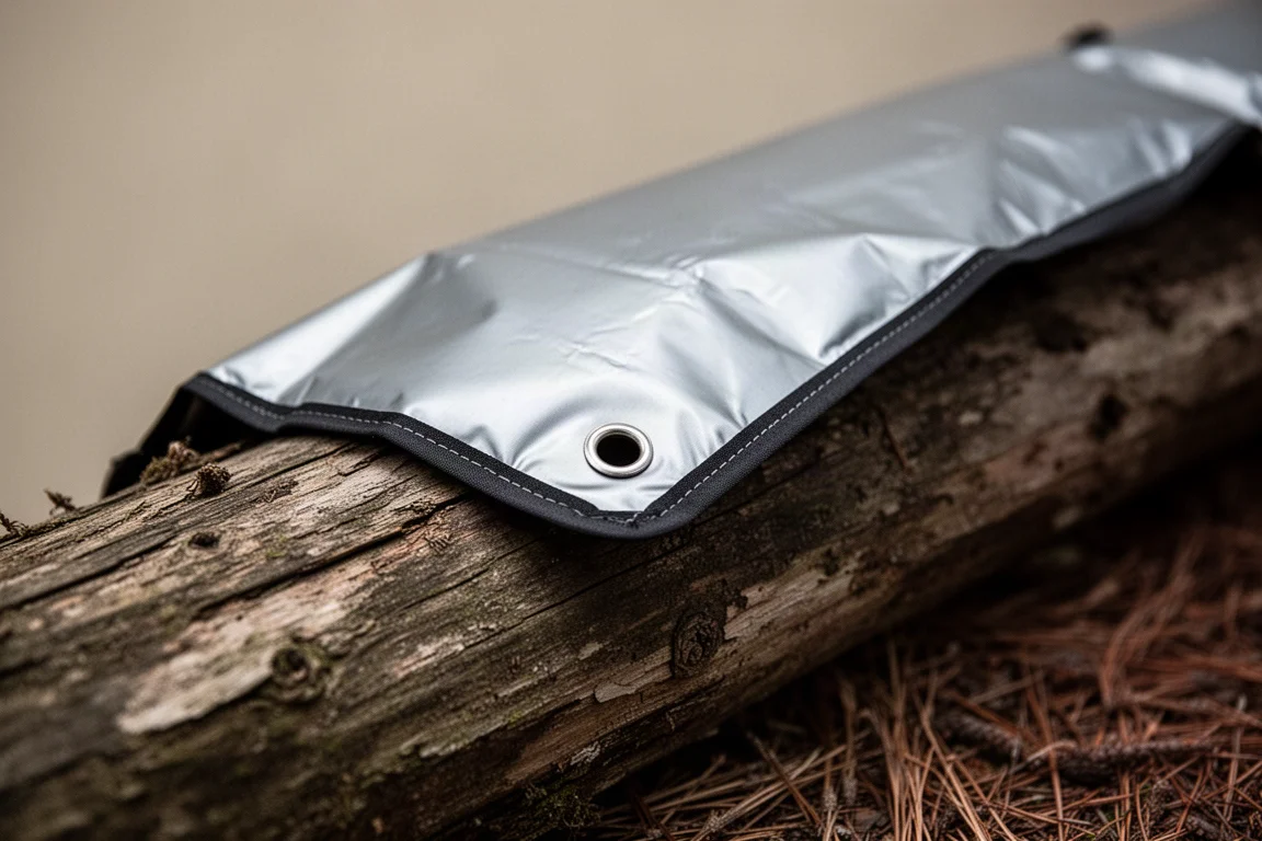 Close-up of a reflective camping pad hem and grommet draped over a weathered log