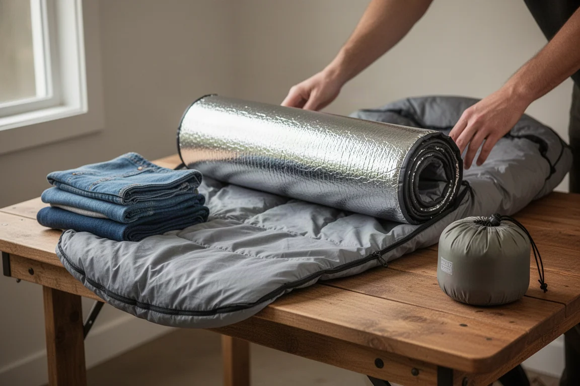 Reflective pad being rolled and slid into a fabric sleeping bag liner on a camp table