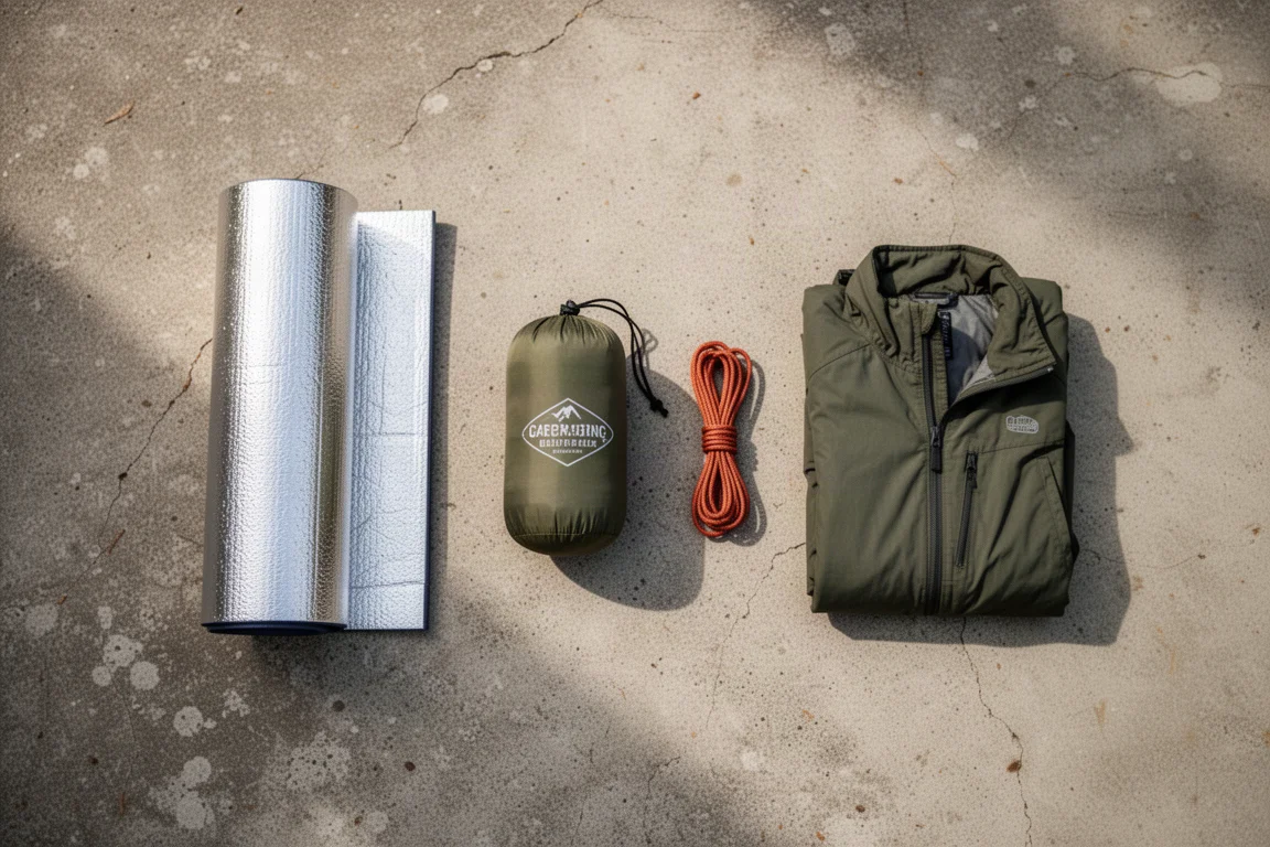 Overhead flat-lay of hammock camping gear on weathered concrete