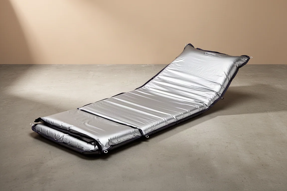 Pre-shaped silver reflective hammock pad partly folded on a concrete surface