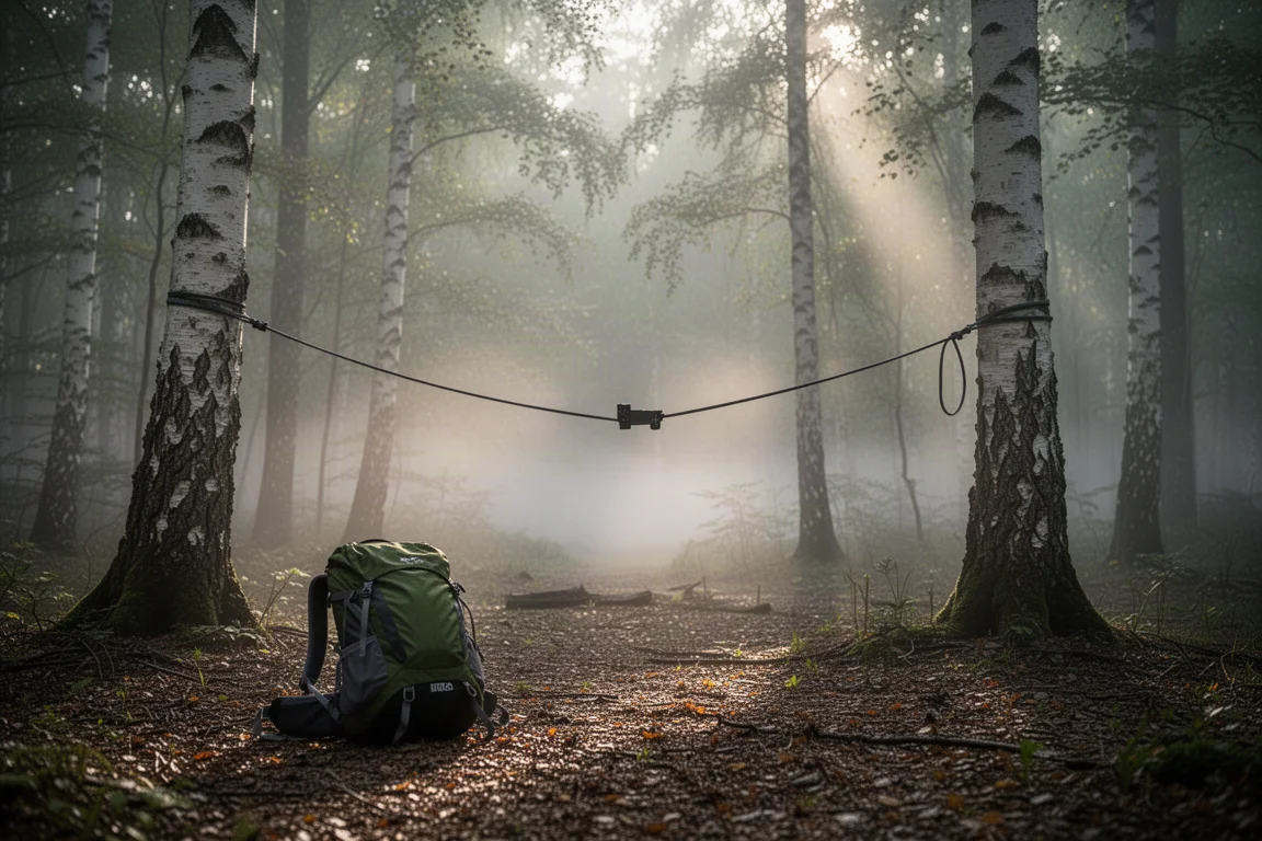 Forest campsite at dawn with a ridgeline strung between two trees and a backpack on the ground