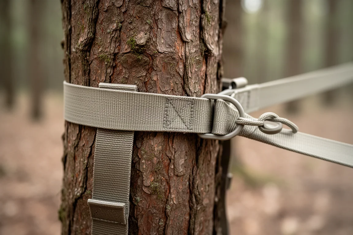 Close-up of a webbing tree strap wrapped around a rough tree trunk