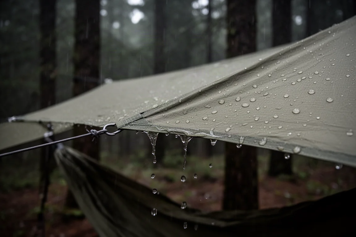 Rain beading on a taut ripstop tarp pitched over a hammock ridgeline