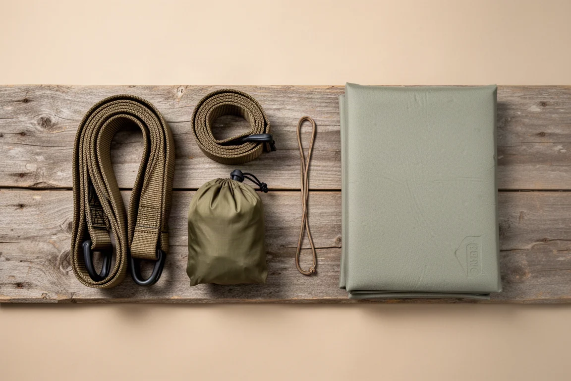 Overhead flat-lay of hammock camping accessories on weathered wooden planks