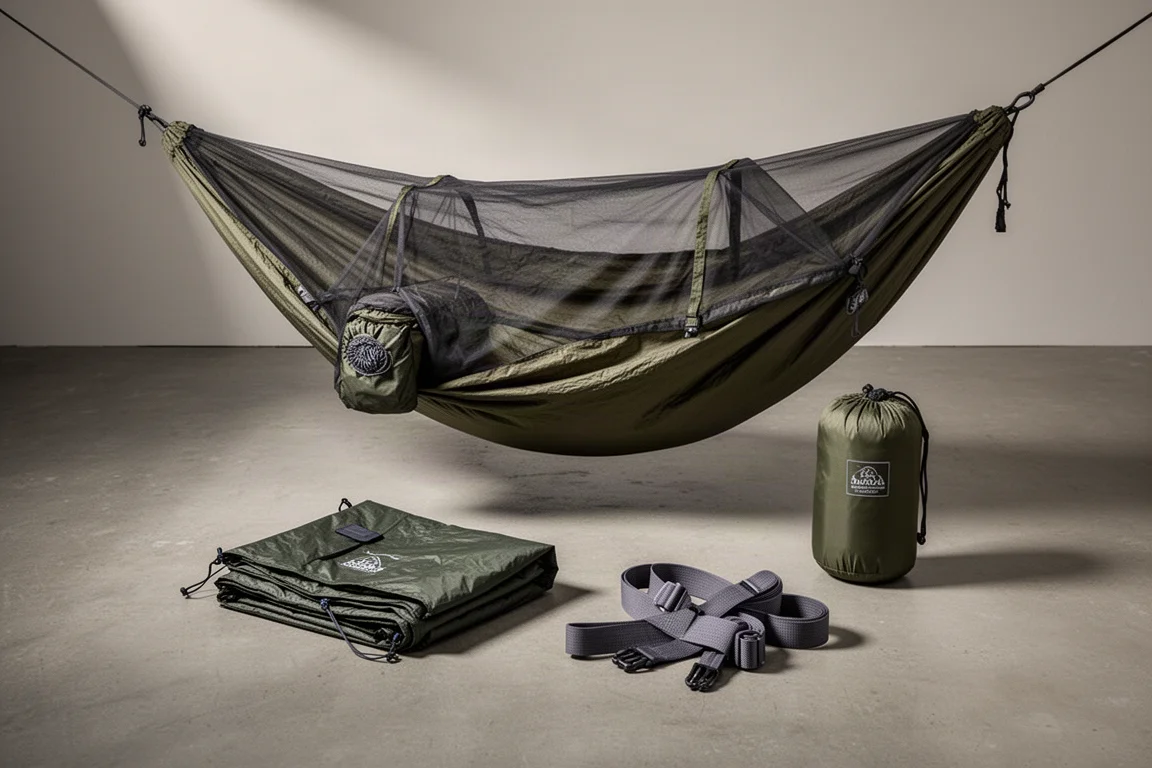 Complete ultralight hammock shelter kit with fly and straps laid out on concrete