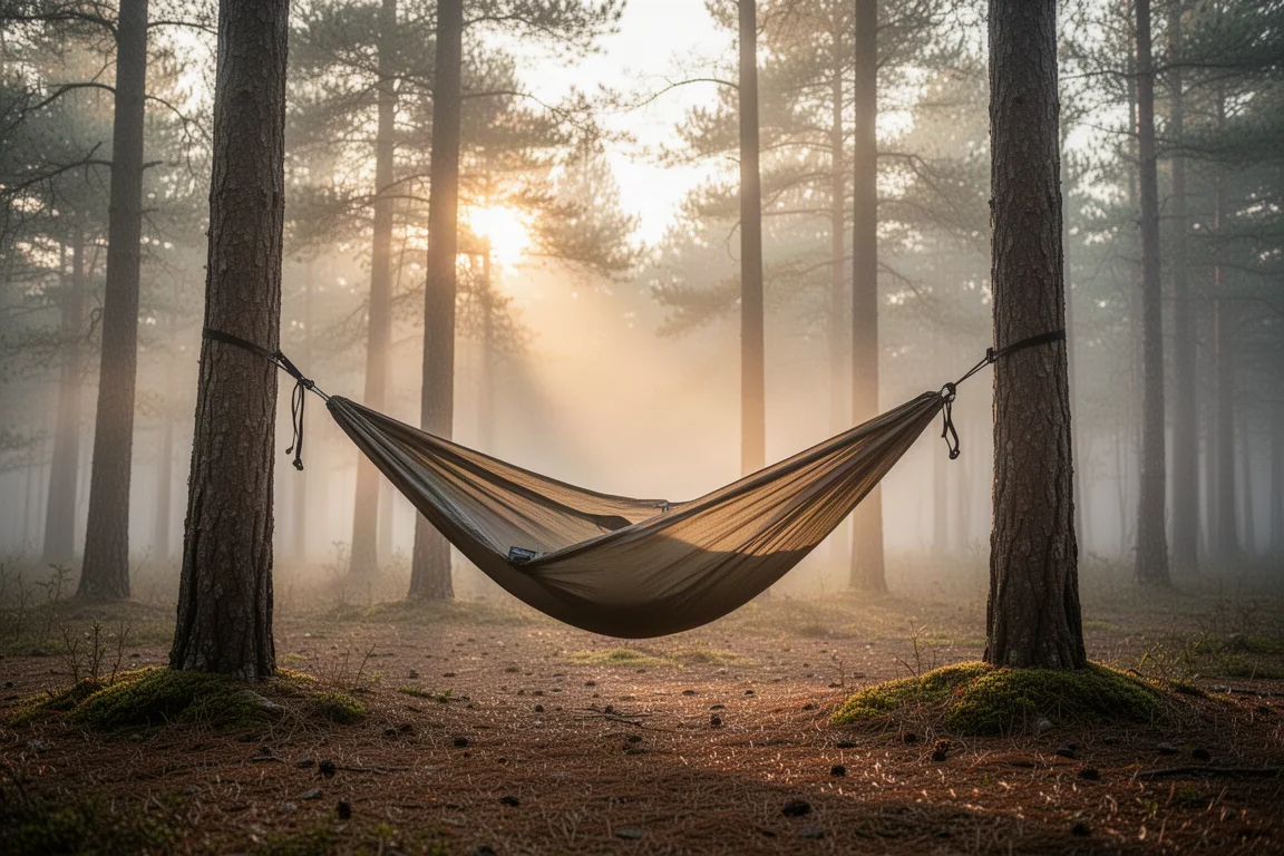 Camping hammock hung between two trees in a misty forest at sunrise