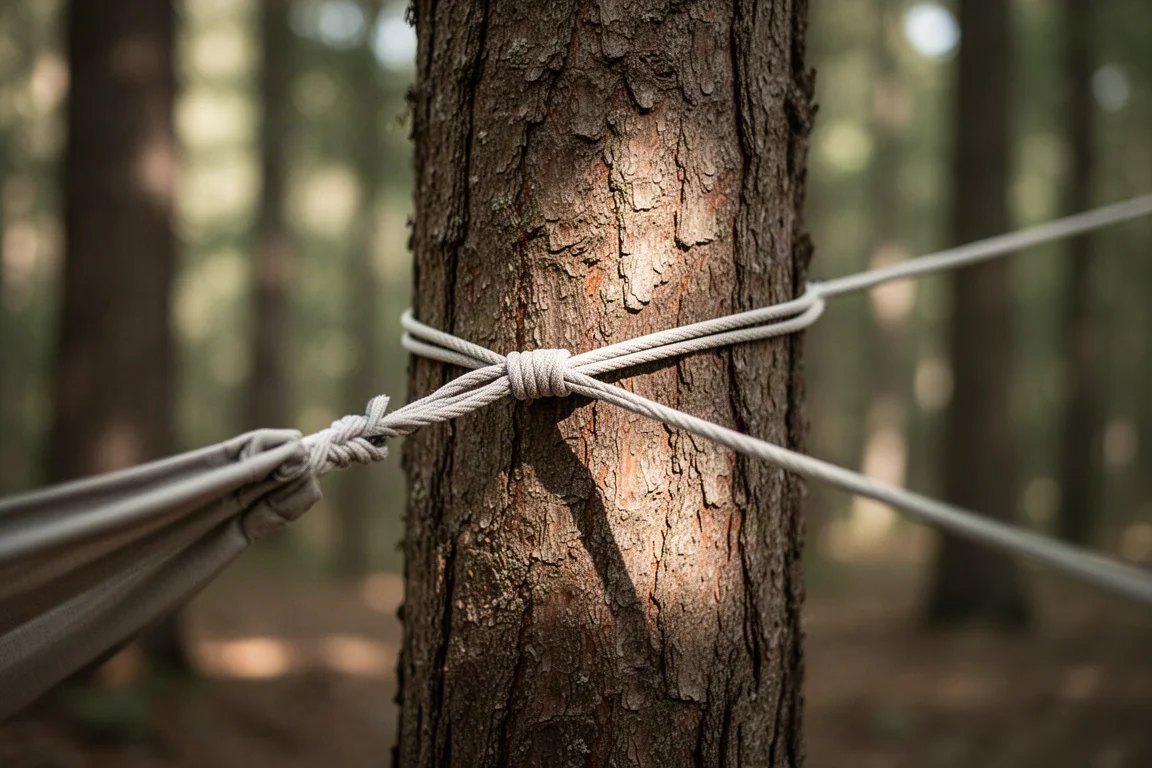 Close-up of hammock suspension cord wrapped around a tree trunk