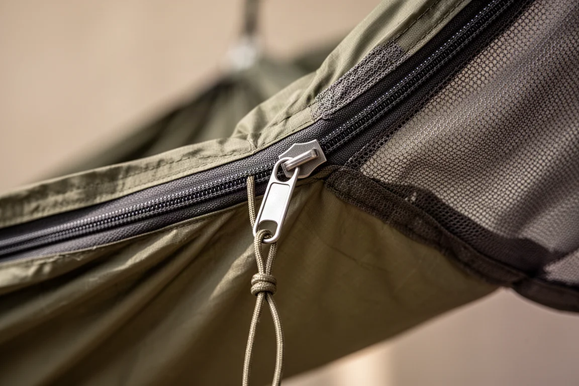 Detail of a side zipper pull and mesh panel on a camping hammock