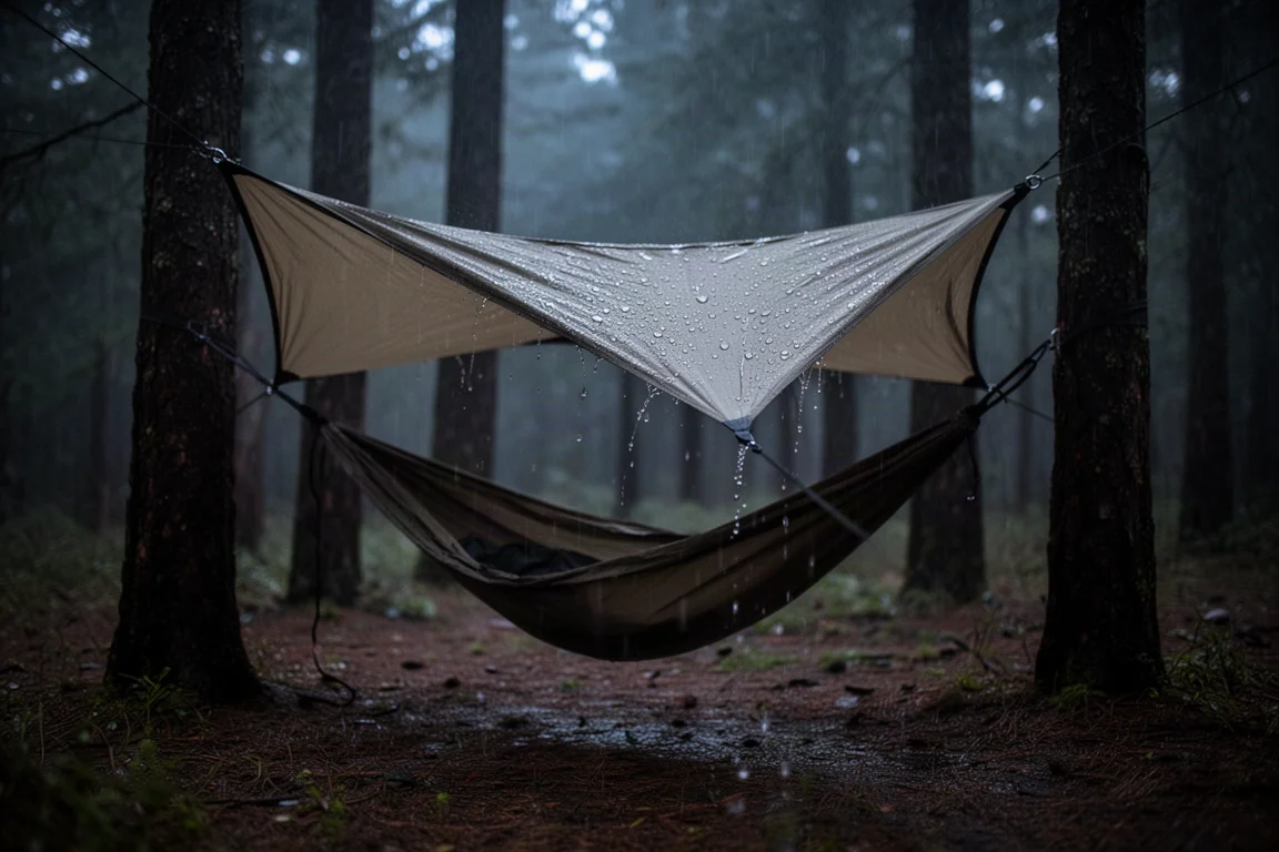Small rainfly sheltering a hammock in a forest during rain at dusk