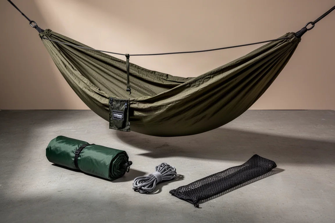 Amaca da campeggio ultralight, telo pioggia arrotolato, corda di sospensione e custodia in mesh su cemento