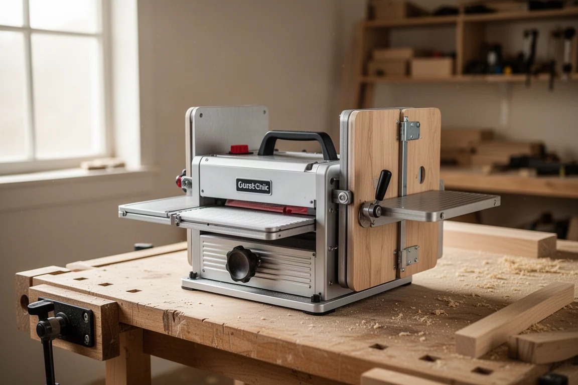 Piallatrice lunchbox con tavoli laterali ripiegati su un banco di lavoro in un negozio ordinato