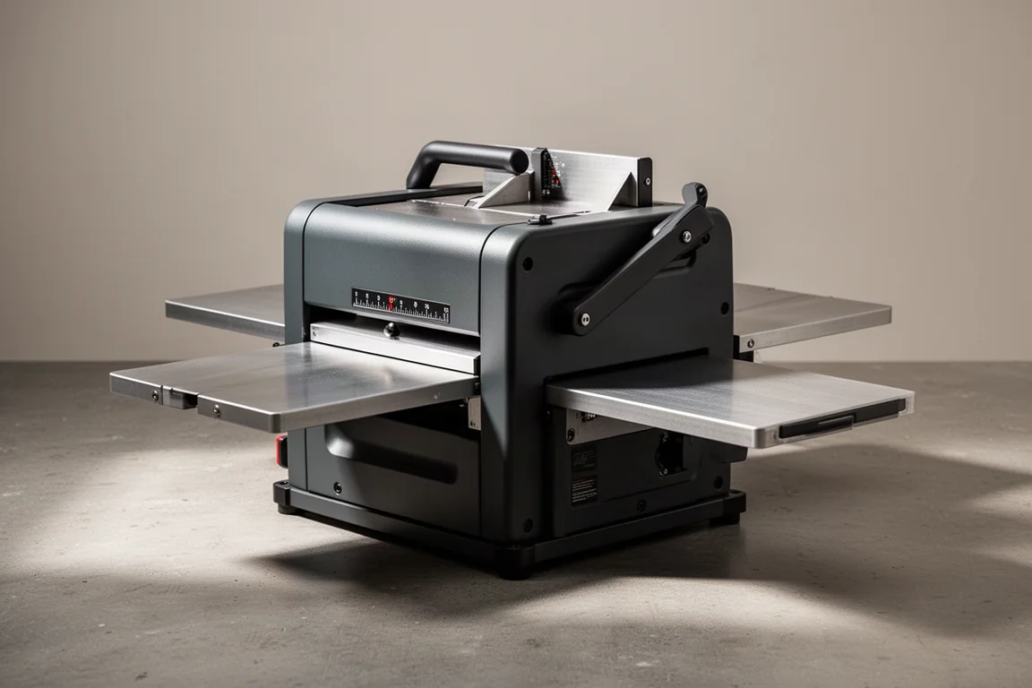 Portable benchtop thickness planer with folded side tables on a concrete floor
