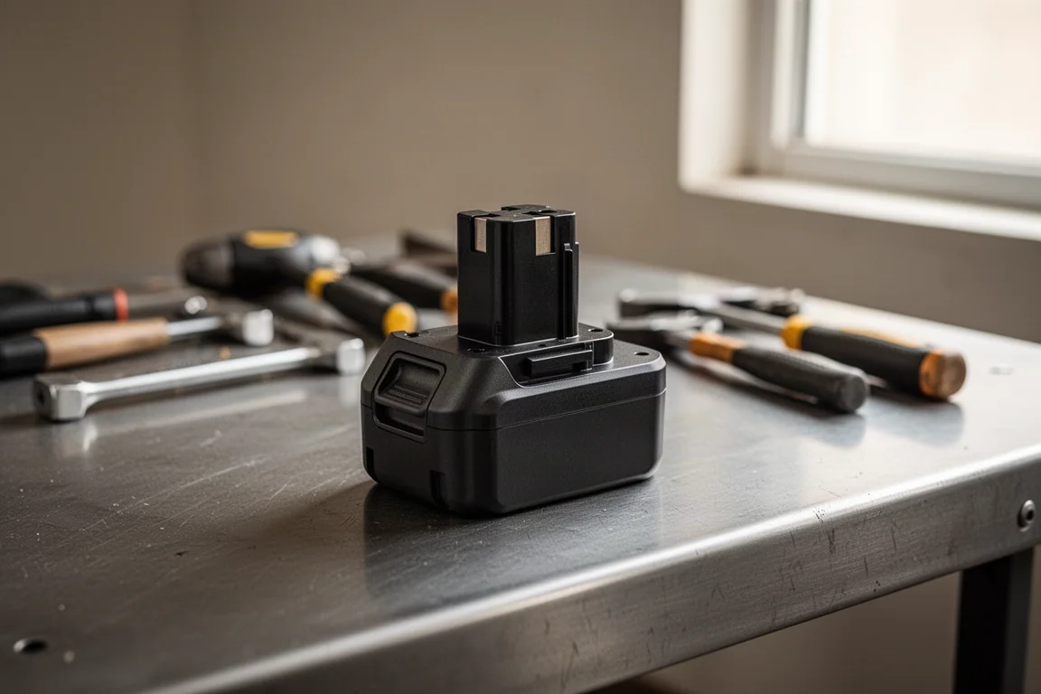 Pacco batteria per utensile elettrico a batteria in piedi su un banco di lavoro