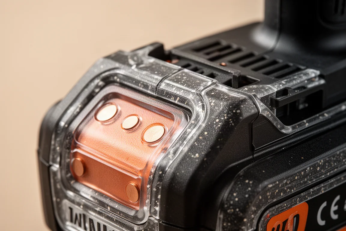 Primo piano dei contatti rinforzati dell'alloggiamento della batteria e della carcassa in plastica texturizzata