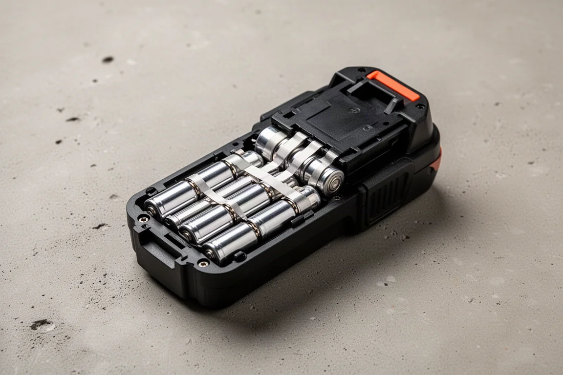 Pacco batteria aperto che rivela file di celle litio-ione cilindriche