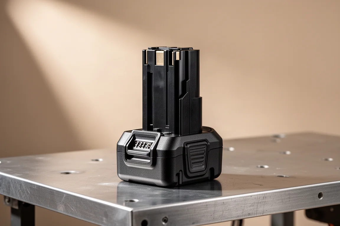 Black cordless power tool battery pack standing upright on a workbench