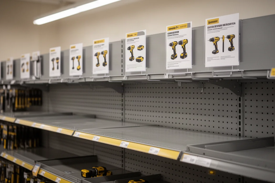 Rek in een gereedschapswinkel met productkaarten die een aankomende ratel-aankondiging suggereren