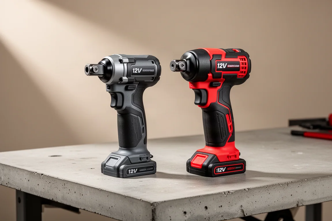 Two compact 12V cordless ratchets side by side on a concrete workbench