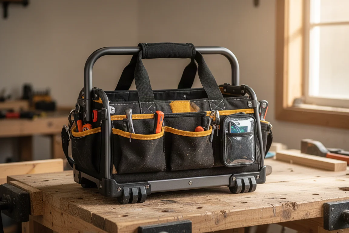 Neue Werkzeugtasche mit starrer Bügelöffnung, auf einer Werkbank aufgespannt