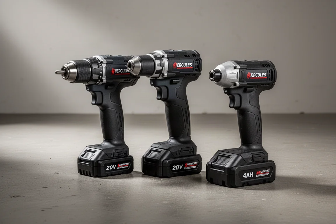 Hercules 20V brushless tools, battery, and charger arranged on a concrete workshop surface