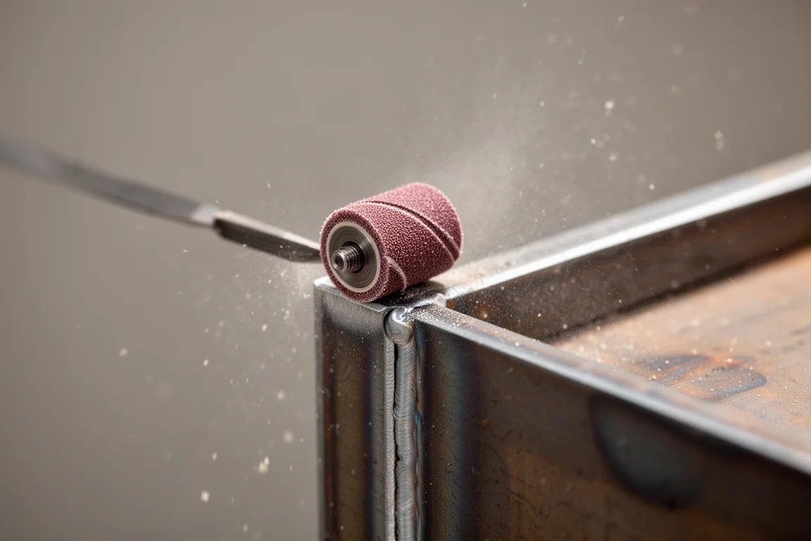 Finsk slipning av ett metallhörn med slipspindelbit i mjukt ljus