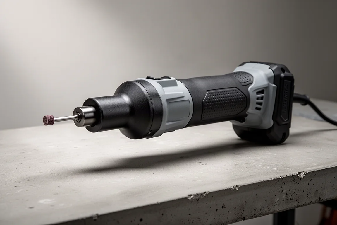 Hercules 20V brushless cordless die grinder on a concrete workbench