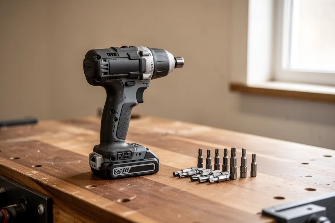 Compact cordless impact driver resting on a workshop bench with hex bits nearby