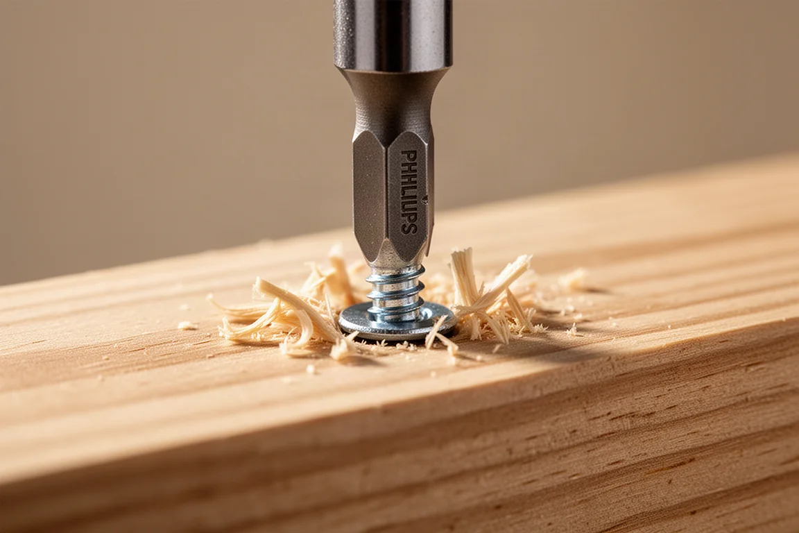 Close-up of a driver bit seating a screw into softwood with fresh shavings