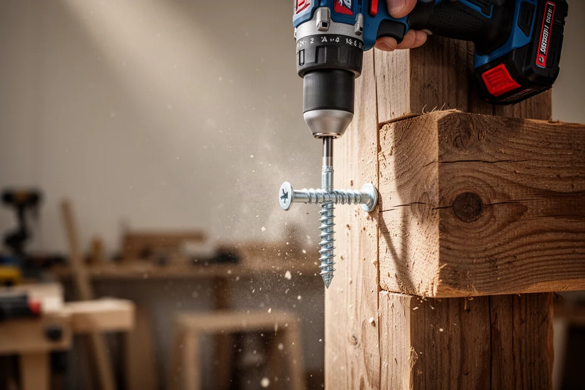 Impact driver driving a long lag fastener into a heavy timber beam