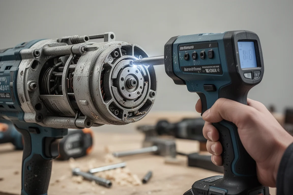 Infrared thermometer reading taken on the housing of a cordless tool after heavy use