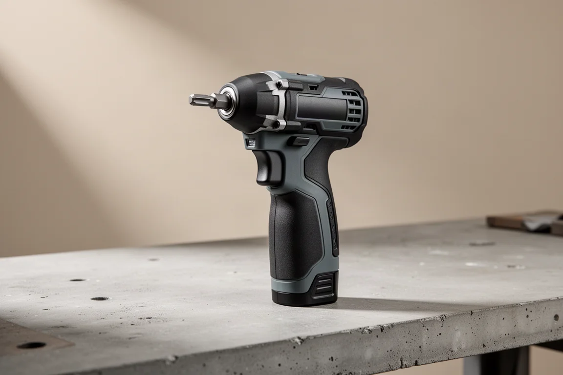 Hercules 20V compact impact driver standing on a concrete workbench with a hex bit installed