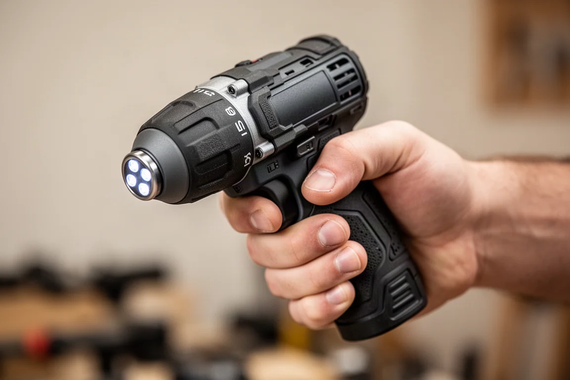 Compact impact driver held in hand showing rubber overmolded grip