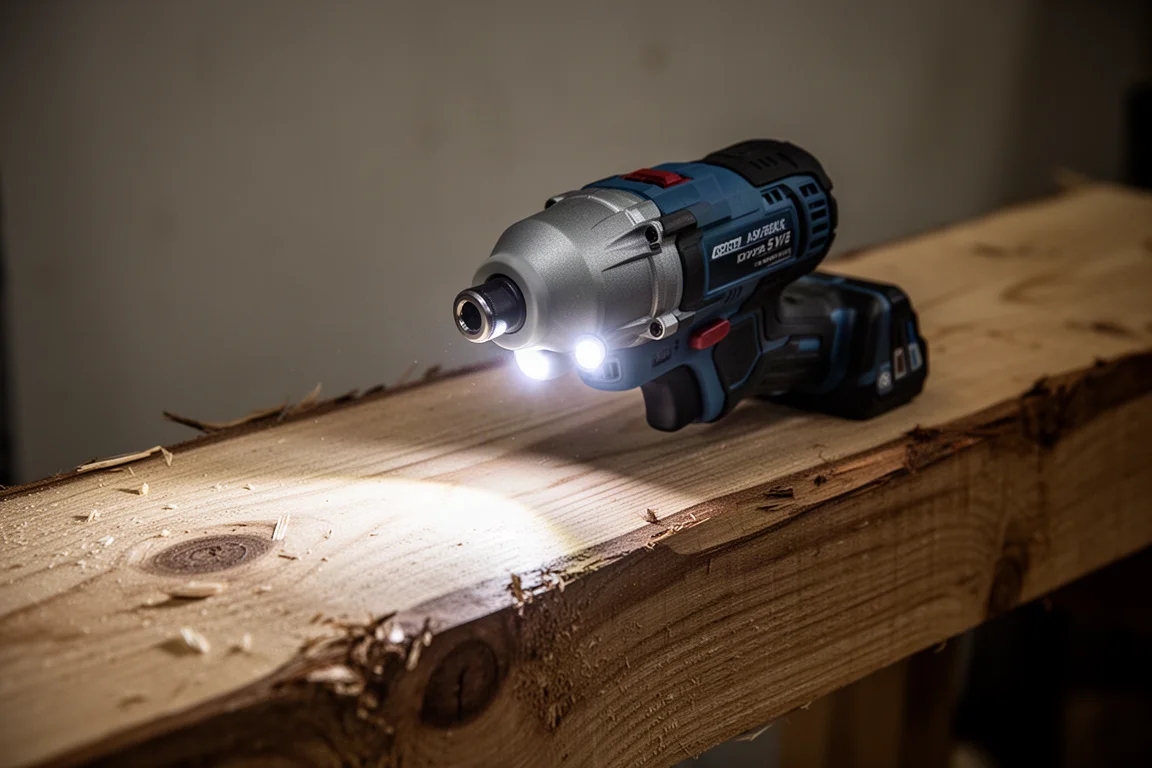 Impact driver lighting up a work surface with LED lights