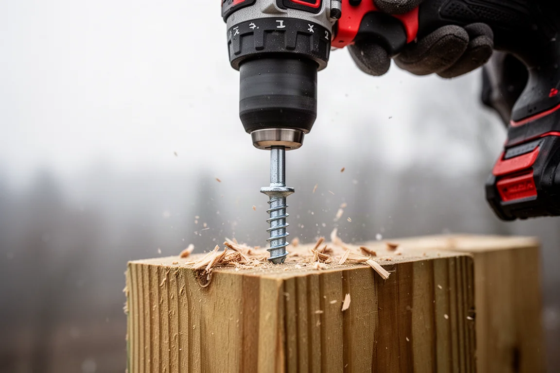 Driving large lag screws into a pressure treated timber post
