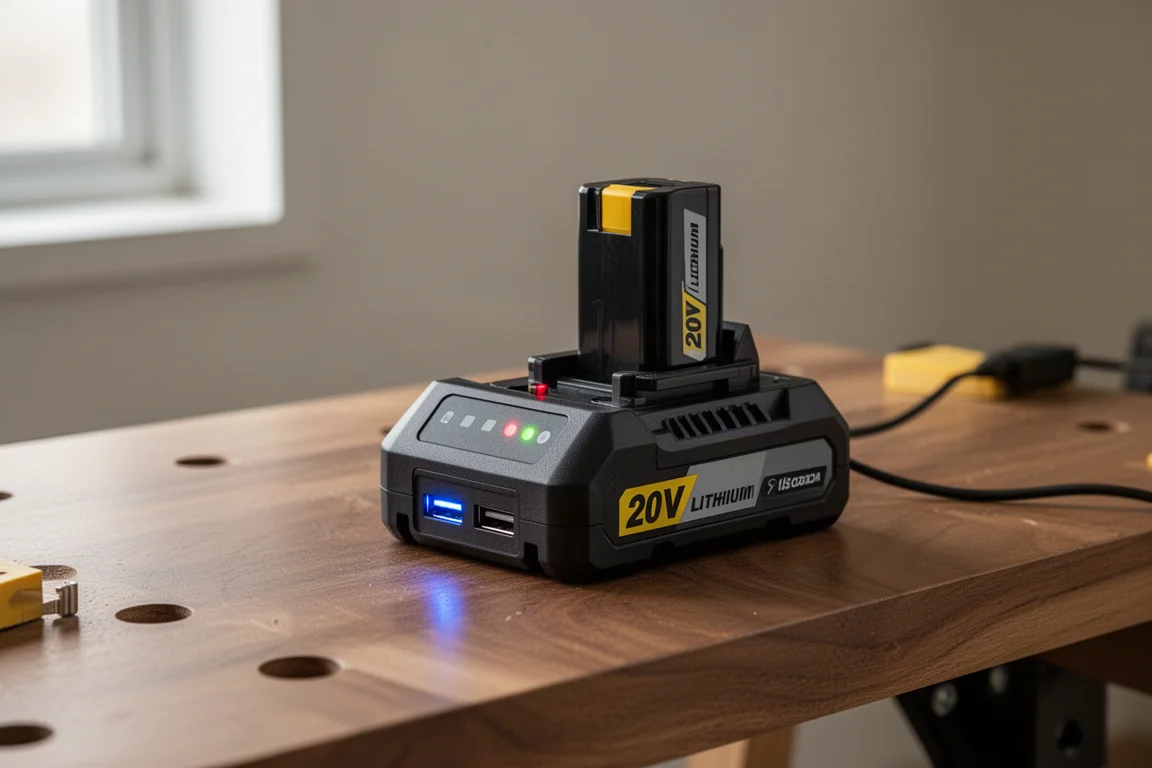 Rapid battery charger with USB ports on a workbench