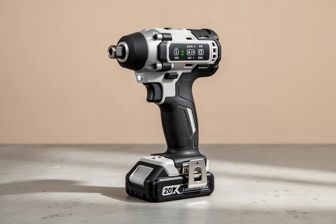 Hercules 20V brushless impact driver standing upright on concrete with battery attached