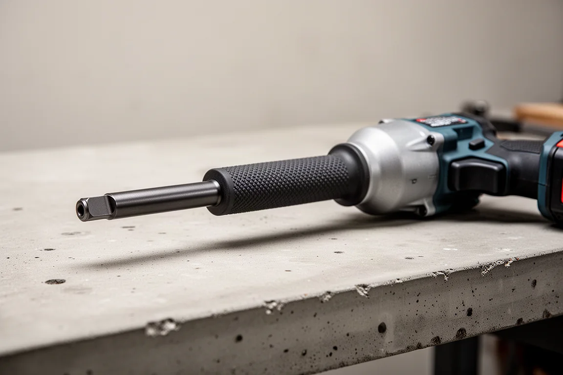 Llave de impacto inalámbrica con yunque extendido apoyada en un banco de trabajo