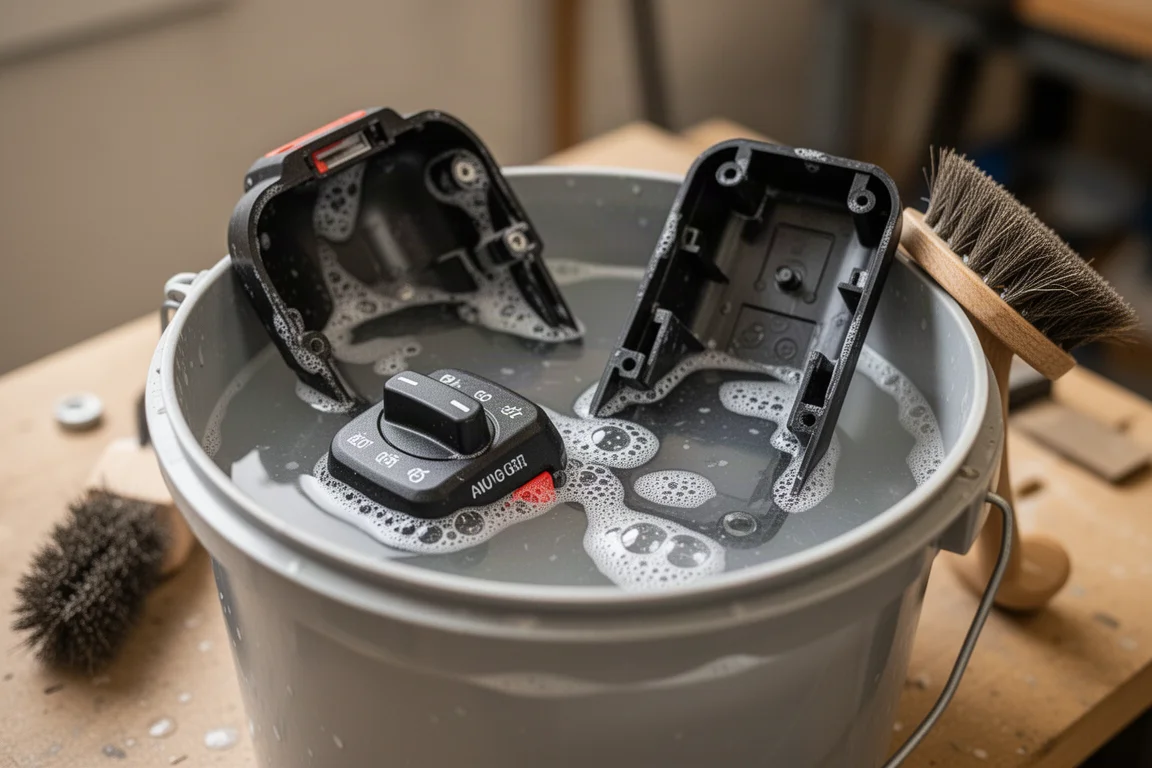 Parti della carcassa di un impact driver smontato in ammollo in un secchio di sgrassatore