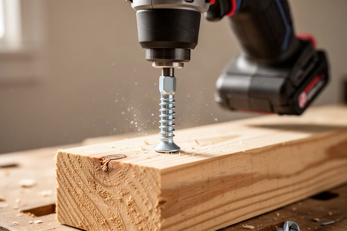 Un impact driver che avvita un grosso bullone da carpenteria nel legno