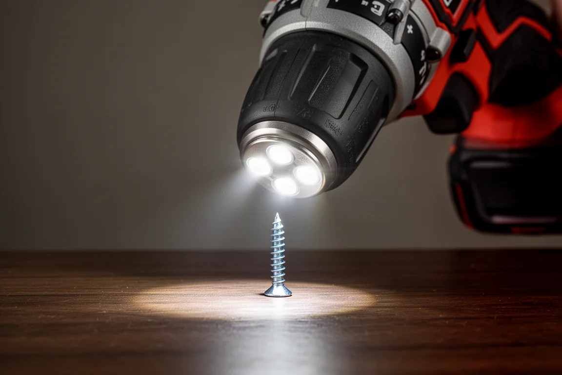 Primo piano delle luci di lavoro tri-LED anteriori di un impact driver che illuminano una vite