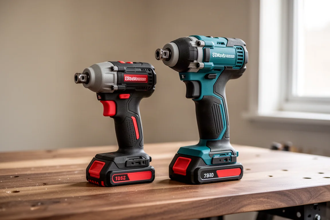 Due impact driver appoggiati fianco a fianco su una bancale in luce naturale