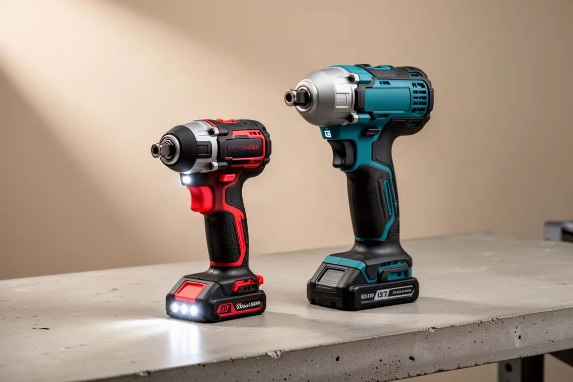 Two cordless impact drivers side by side on a concrete workbench