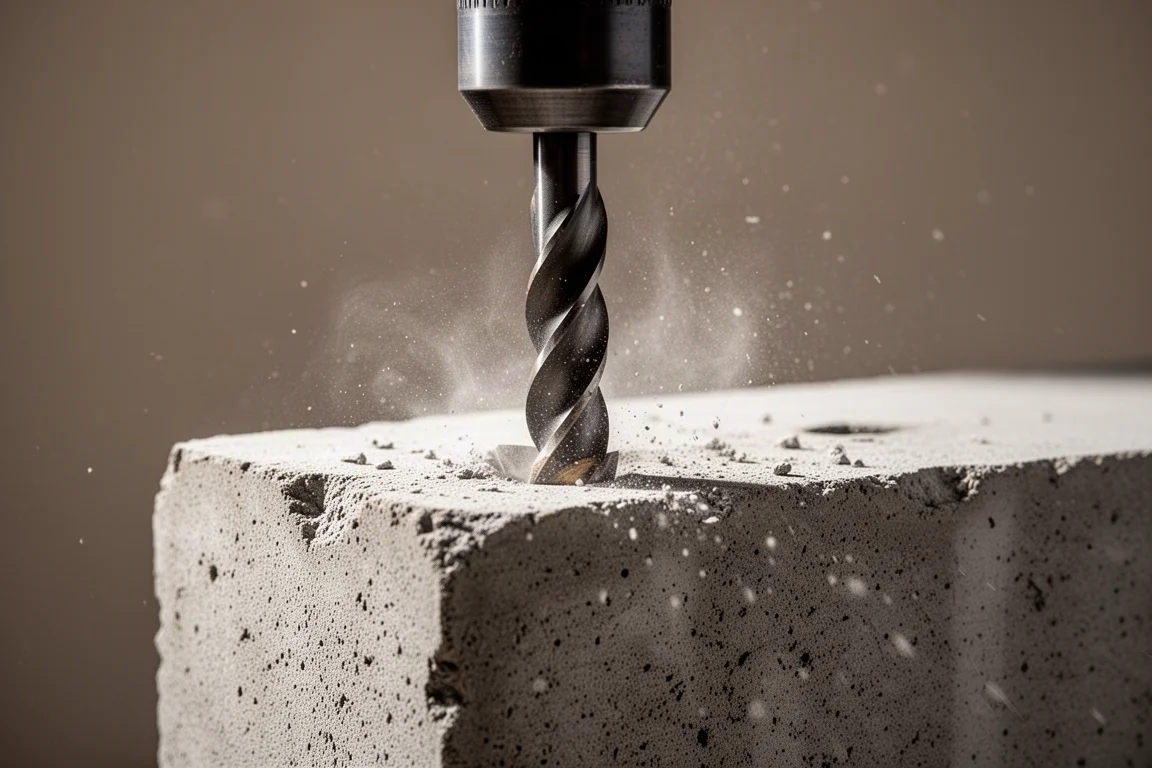 Scène de perçage de maçonnerie montrant une perceuse à percussion en action sur une surface en béton